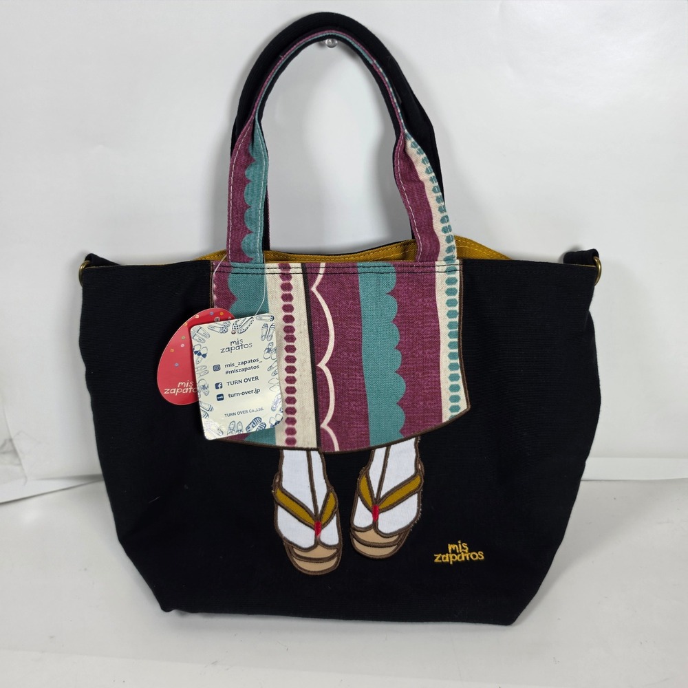 Mis‎ Zapatos Japanese Kimono Geta Sandals Canvas Tote Bag Handbag Black NWT